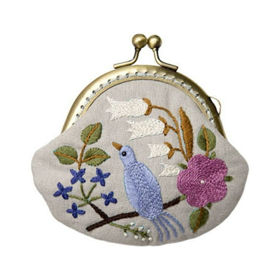 1 Set Handmade Embroidery Starter Kit Lock Coin Purse Clutch Bag DIY Embroidery Tools Kit with Wool Needle Accessories Kit for Women Girls (Birds Style)