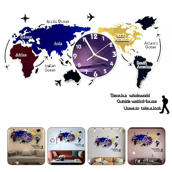 1 Set Hanging Acrylic Wall Clock Colorful World Map Decorative Silent Clock