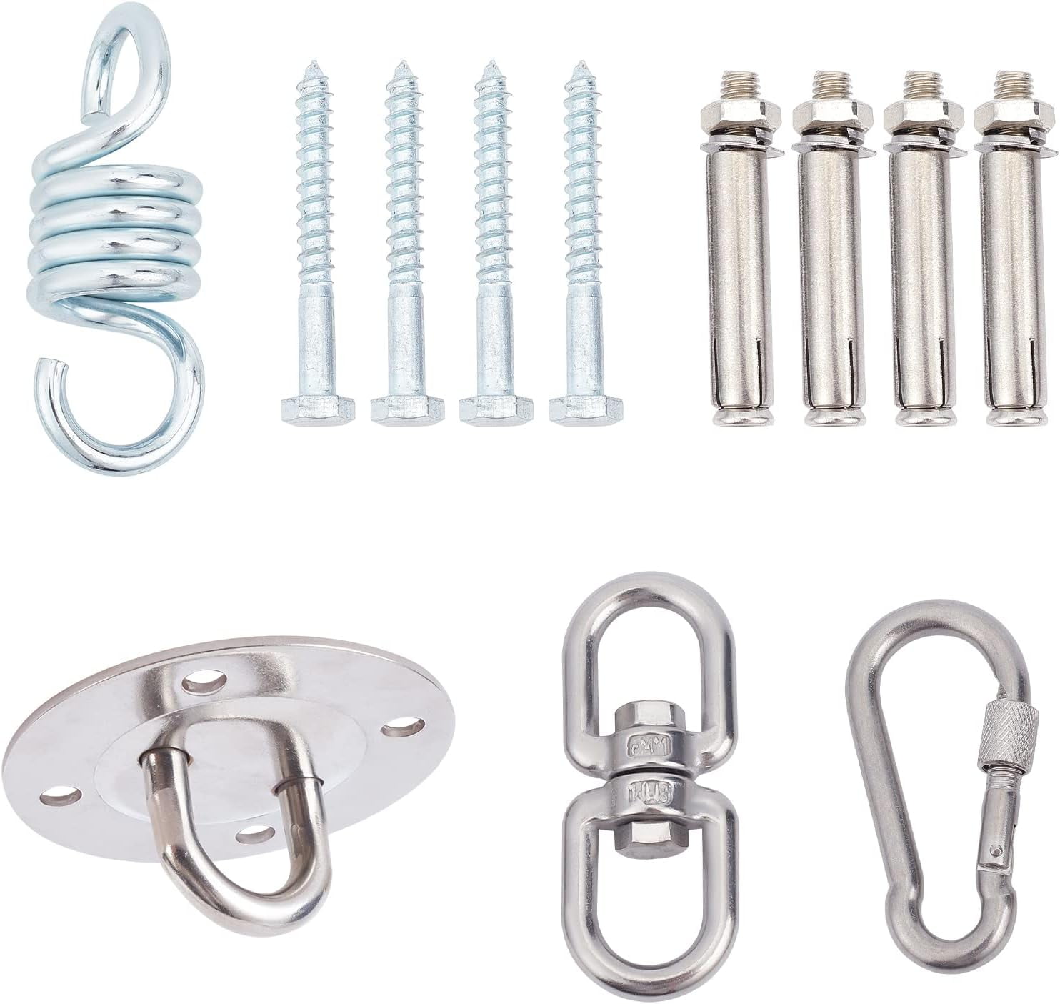 1 Set Heavy Duty Swing Hangers Set 304 Stainless Steel Swing Hardware Hooks Yoga Hooks 360° Rotate with Spring Clasps and Screws for Concrete Wooden Sets Playground Porch Seat Trapeze Yoga Hammock