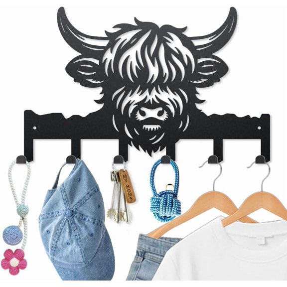 1 Set Highland Cattle Key Holder Wall Mount 15.79.8inch Bullhead Animal Metal Towel Hook Coat Hanger with 6 Hooks Black Cow Wall Decorative Key Rack