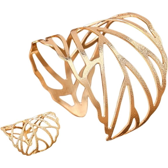 1 Set Hollow Out Leaf Alloy Cuff Bangle and Ring Set Golden Inner Diameter 58mm Jewelry Accessories for Women Parties Suitable for a Variety of Occasions