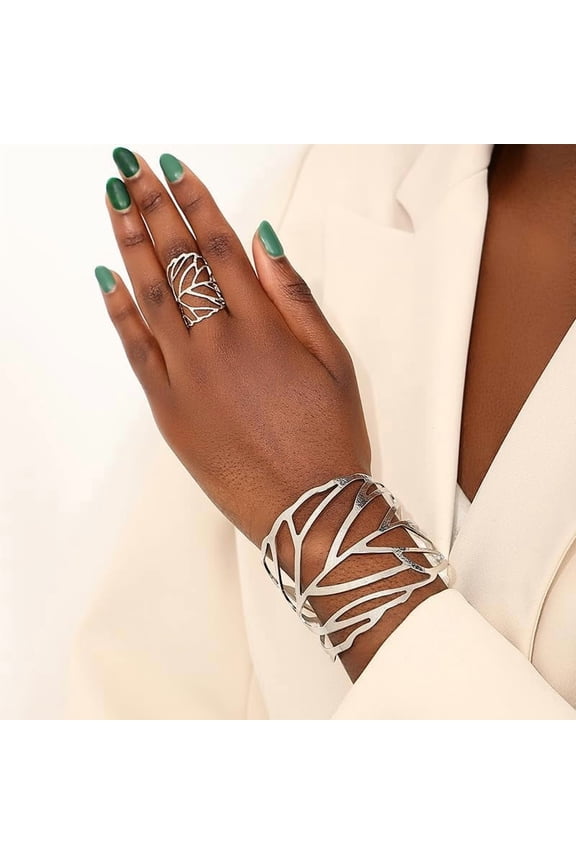 1 Set Hollow Out Leaf Alloy Cuff Bangle and Ring Set Platinum Inner Diameter 58mm Jewelry Accessories for Women Parties Suitable for a Variety of Occasions