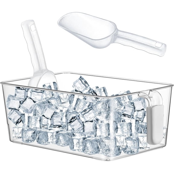 1 Set Ice Bin and Flexible Scoop Set Plastic Freezer Ice Bin with Pull out Handle Stora Bucket Clear for Container with Bucket Scoop (10.83 x 7 x 4.33 in,Grey)