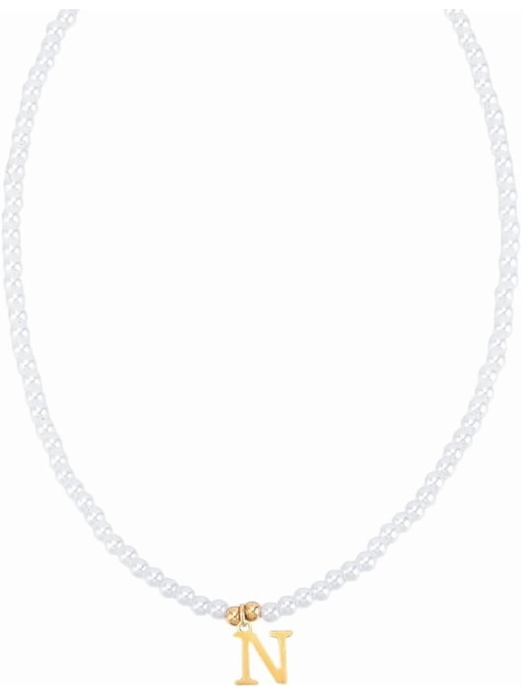1 Set Imitation Pearl Initial Necklace for Women 16"with 2"extender Golden Dainty Stainless Steel Letter A-Z Pendant Necklace Pearl Chain Necklace Personalized Monogram Name Necklace Letter N