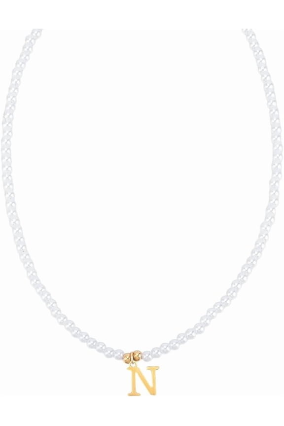 1 Set Imitation Pearl Initial Necklace for Women 16"with 2"extender Golden Dainty Stainless Steel Letter A-Z Pendant Necklace Pearl Chain Necklace Personalized Monogram Name Necklace Letter N