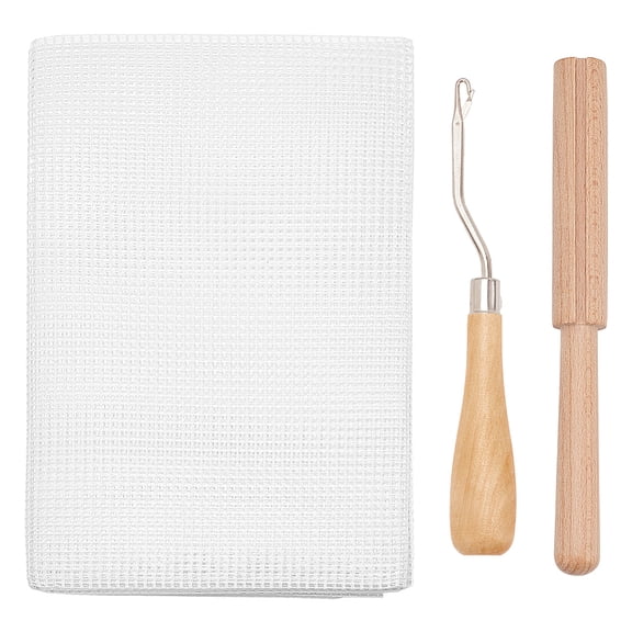 1 Set Iron Bent Latch Hook Stick Cutter with Wood Handle and 1 Sheet Polyester Mesh Fabric DIY Carpet Mixed Color 190x20.5mm