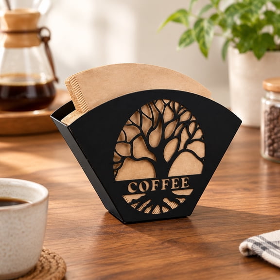 1 Set Iron Fan Shaped Coffee Filter Holder, Tree of Life Decor Coffee Filter Rack, Countertop Coffee Filter Storage, Cone Coffee Filter Holder, Sturdy Coffee Filter Container for Home & Office