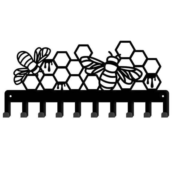 1 Set Iron Wall Mounted Hook Hangers 10-Hook Decorative Organizer Rack for Bag Clothes Key Scarf Hanging Holder with Screws Black Bees 150x330mm