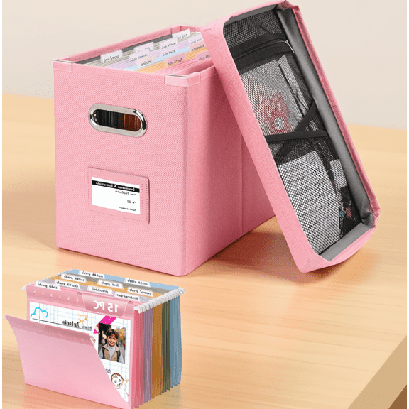 1 Set K-12 Years Memory Keeper Box, Collapsible File Organizer with 15 Hanging File Folders and Label Stickers, Pink