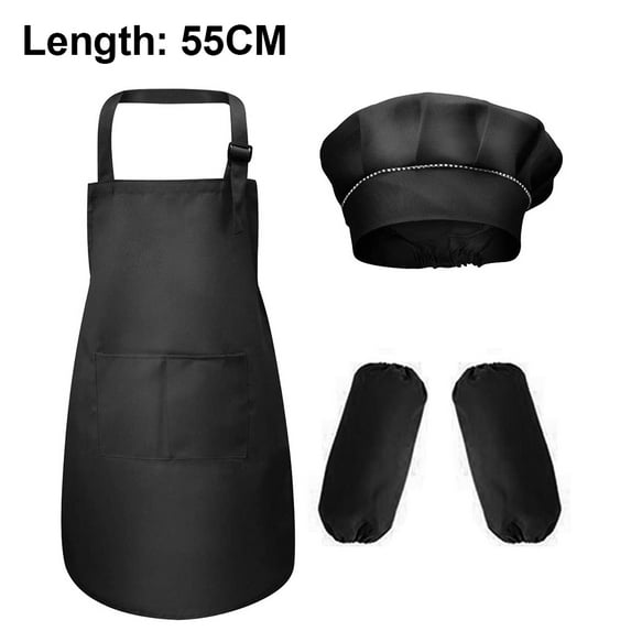 1 Set Kids Apron And Hat Set And Sleeve Children Chef Apron For Cooking Baking Painting Overalls Kindergarten Painting Art - Black