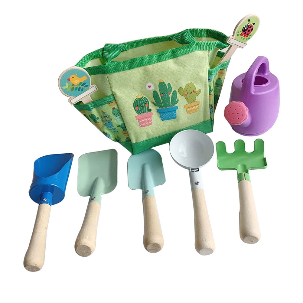 1 Set Kids Gardening Tool Set Rake Fork Trowel Watering Can and Tote