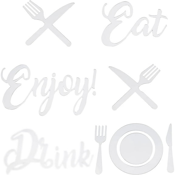 1 Set Kitchen Logo Mirror Wall Stickers Fork Spoon Dinner Plate 3D Acrylic Mirror Decal Eat Enjoy Sign DIY Mirror Decor for Restaurant Kitchen Living Room Cafe Bar Silver