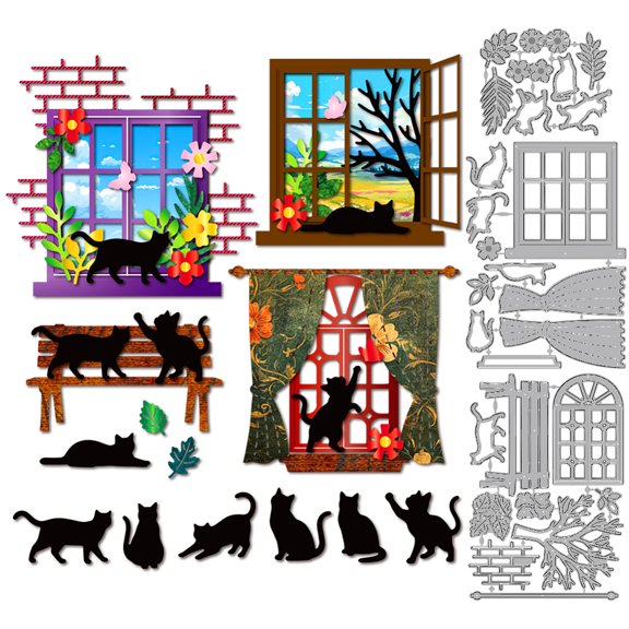 1 Set Kitten on the Window Theme Carbon Steel Cutting Dies Stencils Decorative Embossing Paper Card Cat Shape 76~110x91~160x0.8mm 3pcs/set