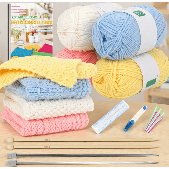 1 Set Knitting Kit for Beginners, Cotton Yarn and Needles Set with , Learn to Knit Dishcloth, Step-by-Step Instructions
