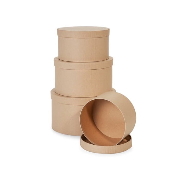 1 Set, Kraft Pinstripe Round Nested Boxes, Large 4 Piece Set For Versatile Gift Packaging