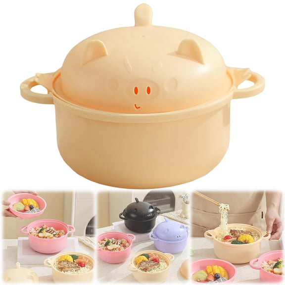 1 Set Large 45oz Cute Ramen Noodle Bowl Microwavable Cute Pig Ramen Cooker Wheat Straw Microwave Bowl with Strainer Lid Handle Gift for Home Dorm College