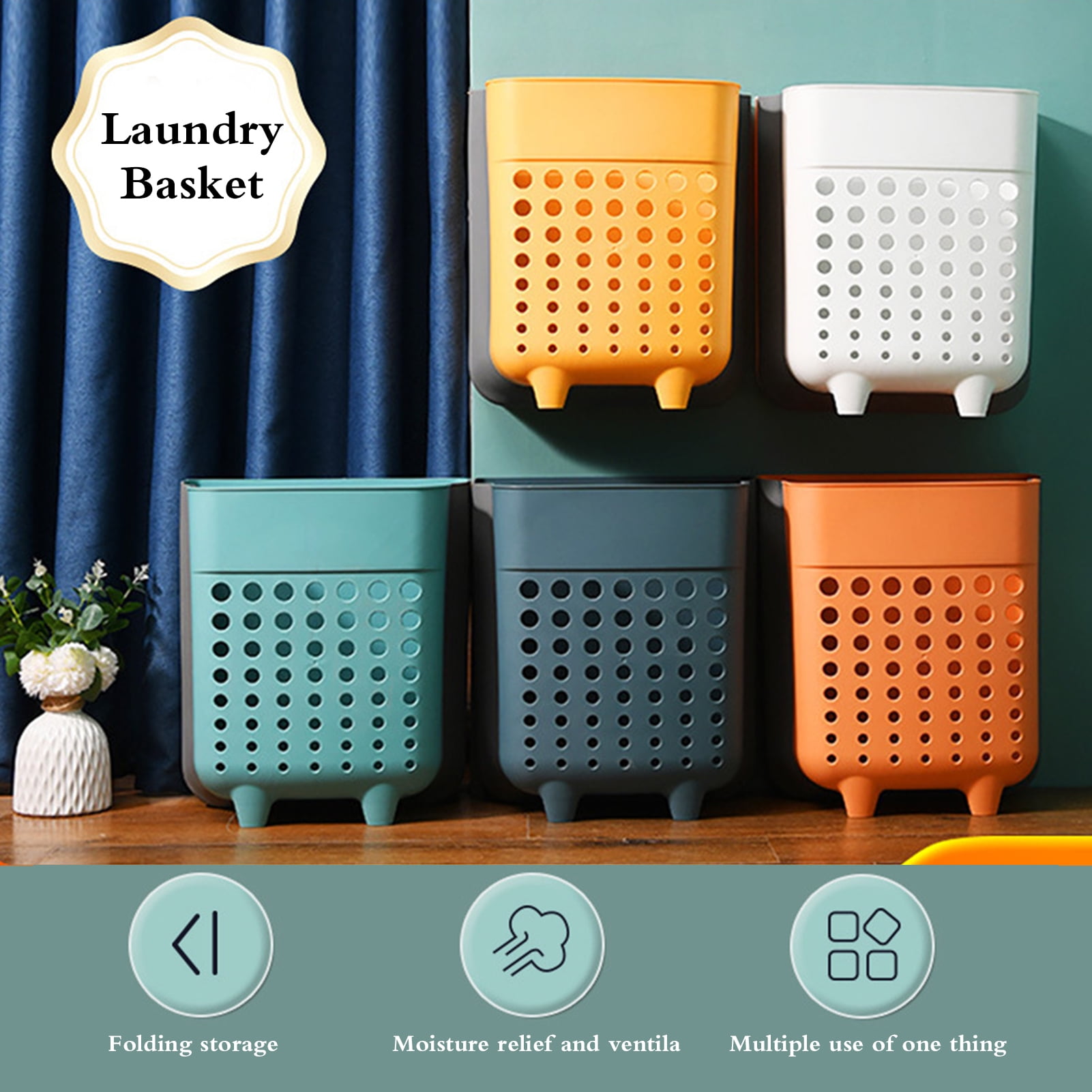 1 Set Laundry Basket Large Capacity Foldable Store with Handle Wall