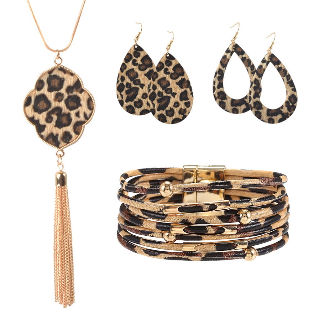 Set Leopard Necklace Bracelet Earrings Kit Tassel Pendant - Main Image