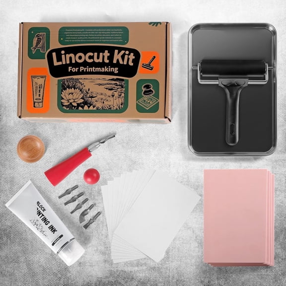 1 Set Linocut Kit for Printmaking, Carving Tool Kit with 4 Linoleum Blocks, Carving Tools, Ink, Brayer, Baren, Transfer Paper for Arts and Crafts