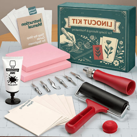 1 Set Linocut Printing Kit with Rubber Blocks, Carving Tools, Brayer, Ink and Transfer Paper for Beginners