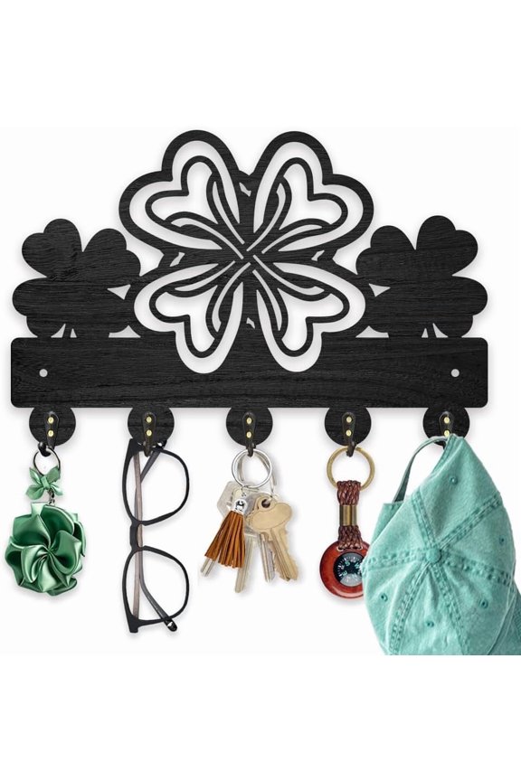 1 Set Lucky Clover Key Holder for Wall 11.8x7.8inch Four Leaf Clover Key Hooks St.Patrick's Day Wood Key Hanger Rack with 5 Alloy Hooks