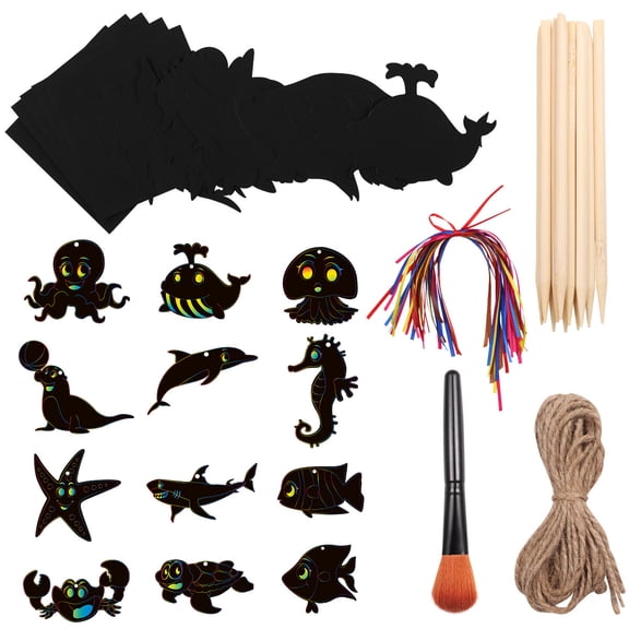PartyKindom Etereautey Scratch Paper Kit Black Bamboo for Painting with 12 Patterns and Sticks 1Set