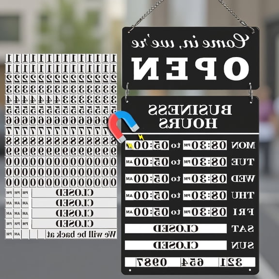 1 Set Magnetic Changeable Business Hours Sign with Double Sided Open Closed Sign, Metal Store Hours Sign for Door Window, Black, 11.8x7.9"