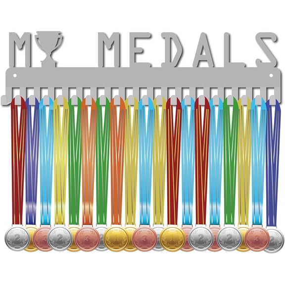1 Set My Medals Medal Holder Sport Display Stand Wall Mount Hanger Rack Decor Stainless Steel Hanging for Home Badge Medalist Trophy Winner Gymnastics 20 Hooks Storage Over 60 Medals Silver