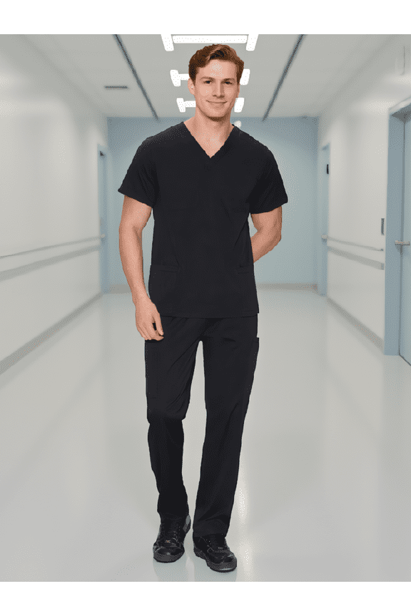 1 Set Men's V-Neck Scrub Top and Straight Leg Pants, 11 Pockets Workwear Uniform Set