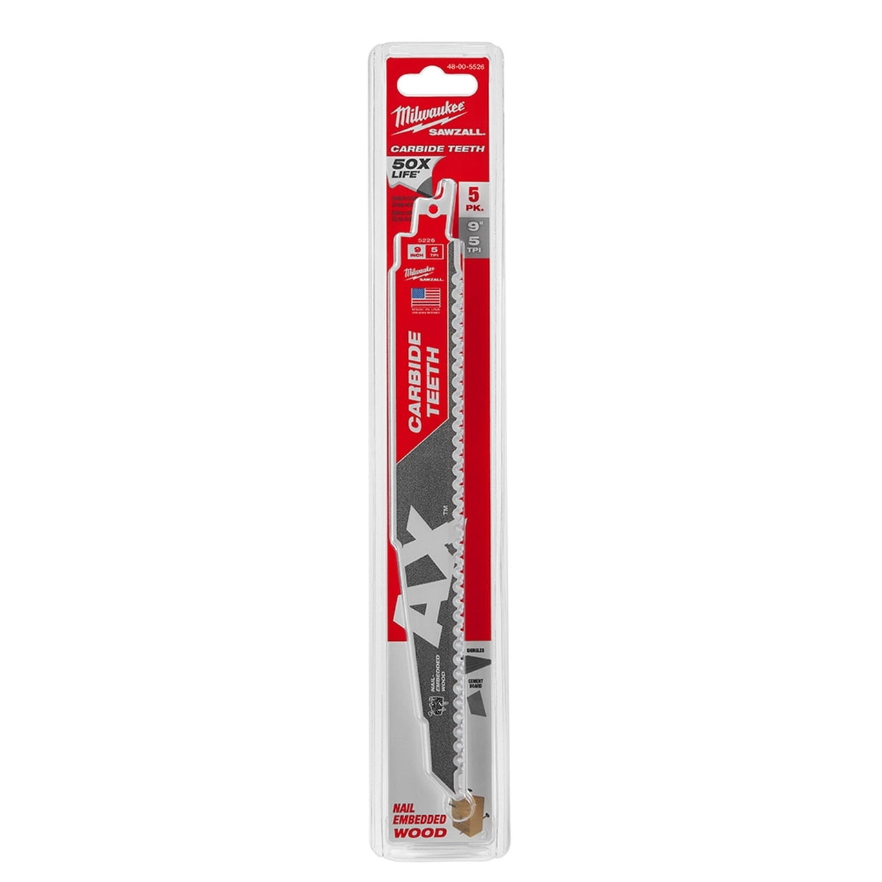 1 Set, Milwaukee 48-00-5526 The Ax Sawzall Blade 9 In. 5T Carbide Teeth 5 Pk