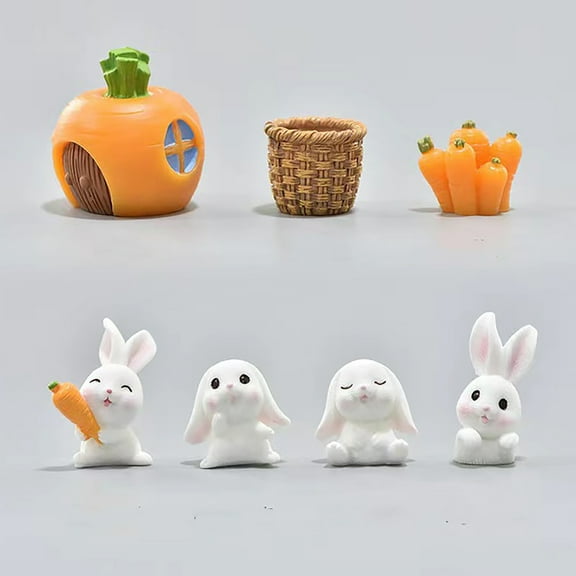 1 Set of Mini Resin Rabbit Decors 7pcs Cute Animals Table Miniture Decoration Mini Fake Carrot Small Bunny Statue Mini Rabbit Cartoon Rabbit Ornament Mini Ornament