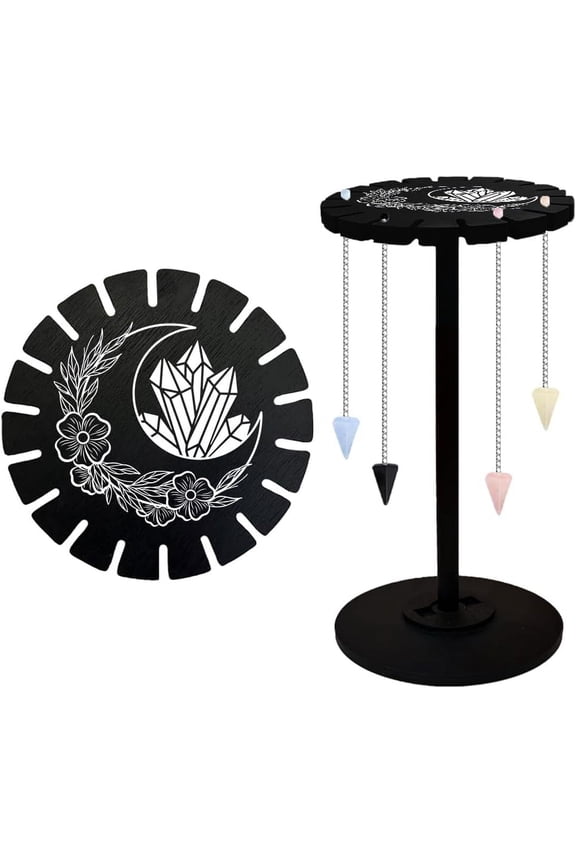 1 Set Moon and Crystal Pendulum Display Stand Crystal Display Shelf Divination Pendulum Storage Rack with Wooden Wheel Wooden Stick for Crystal Stone Pendant Witch Altar Supplies Decoration