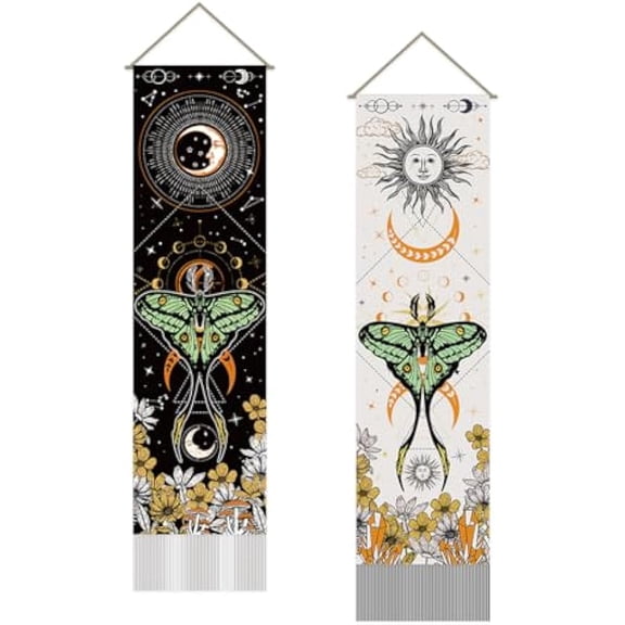 1 Set Moon Sun Tapestry divination Moth Witchy Home Decor Flower Wall Blanket 2 Tapestries Long Tapestry Wall Hanging with Tassel Design for Living Room Bedroom Dorm Decor