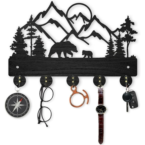 1 Set Mountain Forest Wall Mount Coat Rack Wooden Wall Coat Hanger Hooks Mountain Bear Key Holder 5 Metal Hooks 11.88inch for Entrance Living Room Bathroom Home Art Decor