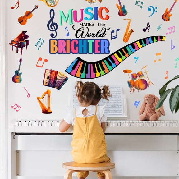 1 Set Musical Instrument Wall Sticker Music Makes The World Brighter Wall Decals Piano Border Music Notes Peel and Stick Vinyl Art Decor