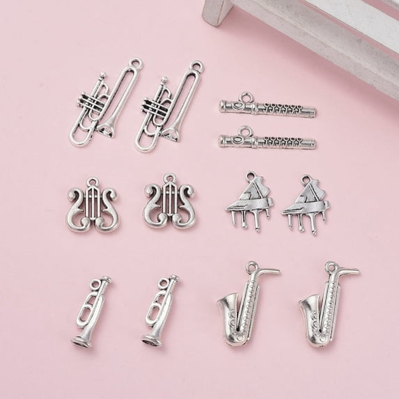 1 Set Musical Instruments Theme Tibetan Style Zinc Alloy Pendants Cornet & Saxophone & Flute & Trumpet & Piano Antique Silver 24pcs/set