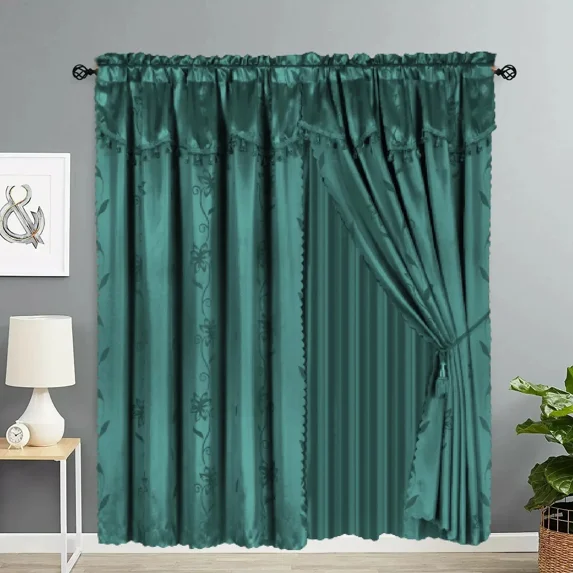 Gorgeous Home Linen 2pc Complete Set Faux Silk Floral Print Rod Pocket Window Curtain Semisheer Hunter Green Color 120" W x 84" L Nada Style