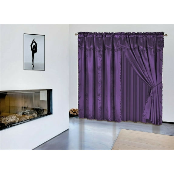 1 Set Nada Purple color Luxury Faux Jacquard Floral Design Panel, Rod Pocket Window Curtain total wide 120" inches Set Attached Valance, Panel, And Sheer 8 piece