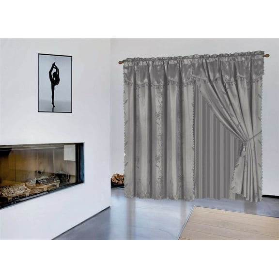 1 Set Nada Silver color Luxury Faux Jacquard Floral Design Panel, Rod Pocket Window Curtain total wide 120" inches Set Attached Valance, Panel, And Sheer 8 piece