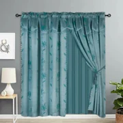 Gorgeous Home Linen 2pc Complete Set Faux Silk Floral Print Rod Pocket Window Curtain Semisheer Teal Blue color 120 W x 84 L Nada Style