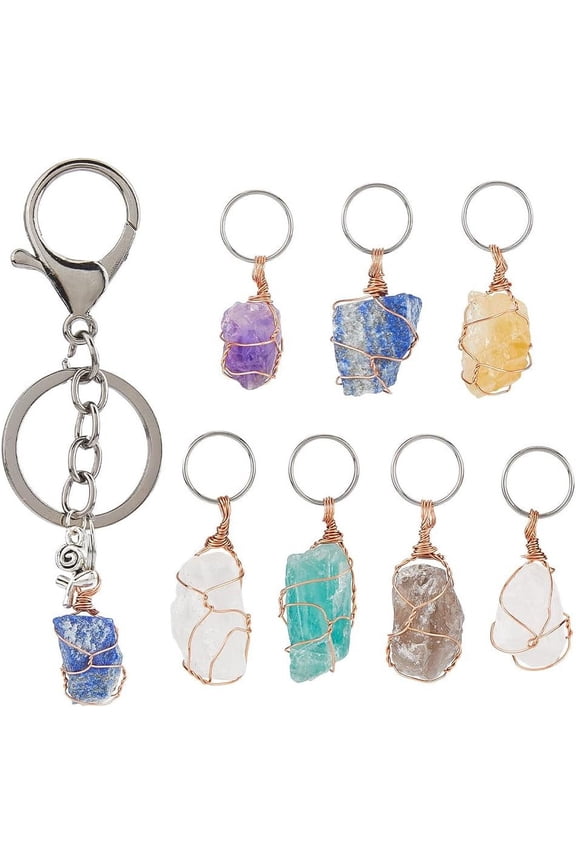 1 Set Natural Amethyst Citrine Quartz Crystal Rose Quartz Smoky Quartz Fluorite Keychain with 304 Stainless Steel Rings 3~4cm 7pcs/set