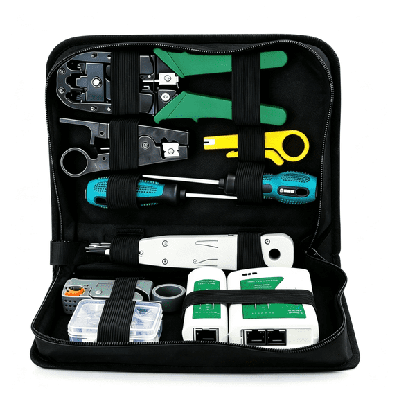 1-Set Network Tool Kit, Crimping Tool Set with Cable Tester, Wire Stripper, Punch down Tool, Screwdrivers, Connectors and Storage Bag for Ethernet Lan Repair