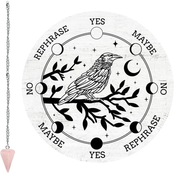 1 Set Night Raven Pendulum Board Dowsing Divination Altar Witchcraft Wooden Kit Chart Wiccan Wand Crystal Game Divinity Metaysical Message Rose Quartz Stone Pendant 20cm/7.9inch