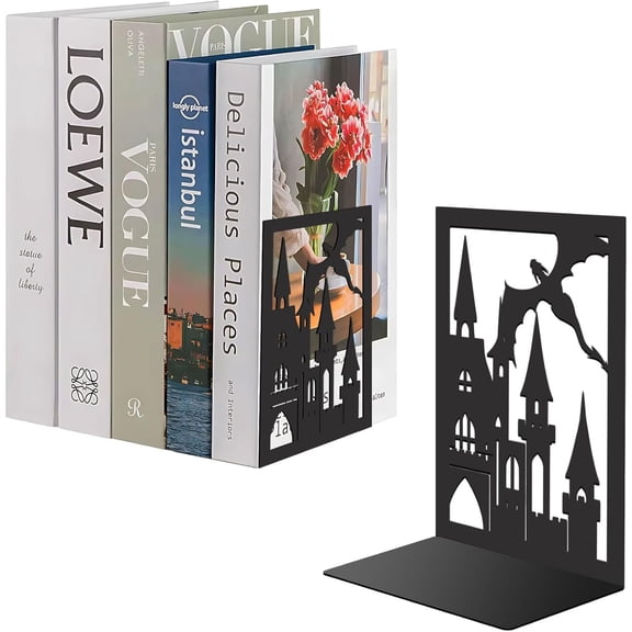 1 Set Non-Skid Iron Bookend Display Stands Adjustable Desktop Heavy Duty Metal Book Stopper for Shelves Black Castle 120x90x180mm 2pcs/set