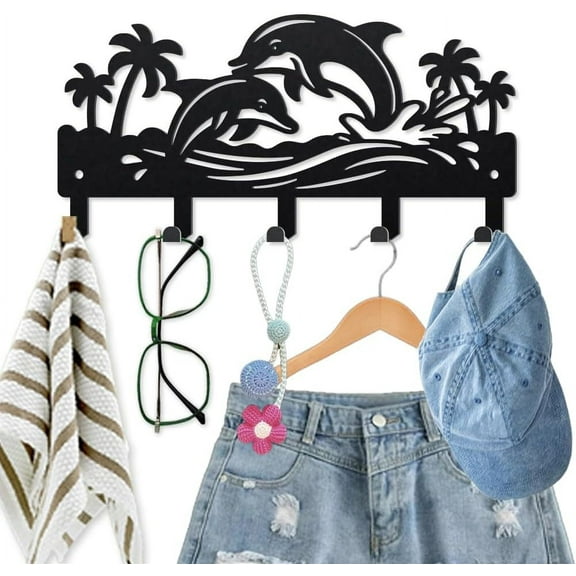 1 Set Ocean Dolphin Metal Key Hook Marine Animal Coat Rack Wall Mounted 9.84.7inch Coconut Tree Black Art Wall Decor Key Holder with 5 Hooks for Gift Coats Hats Towels Bags Hanging