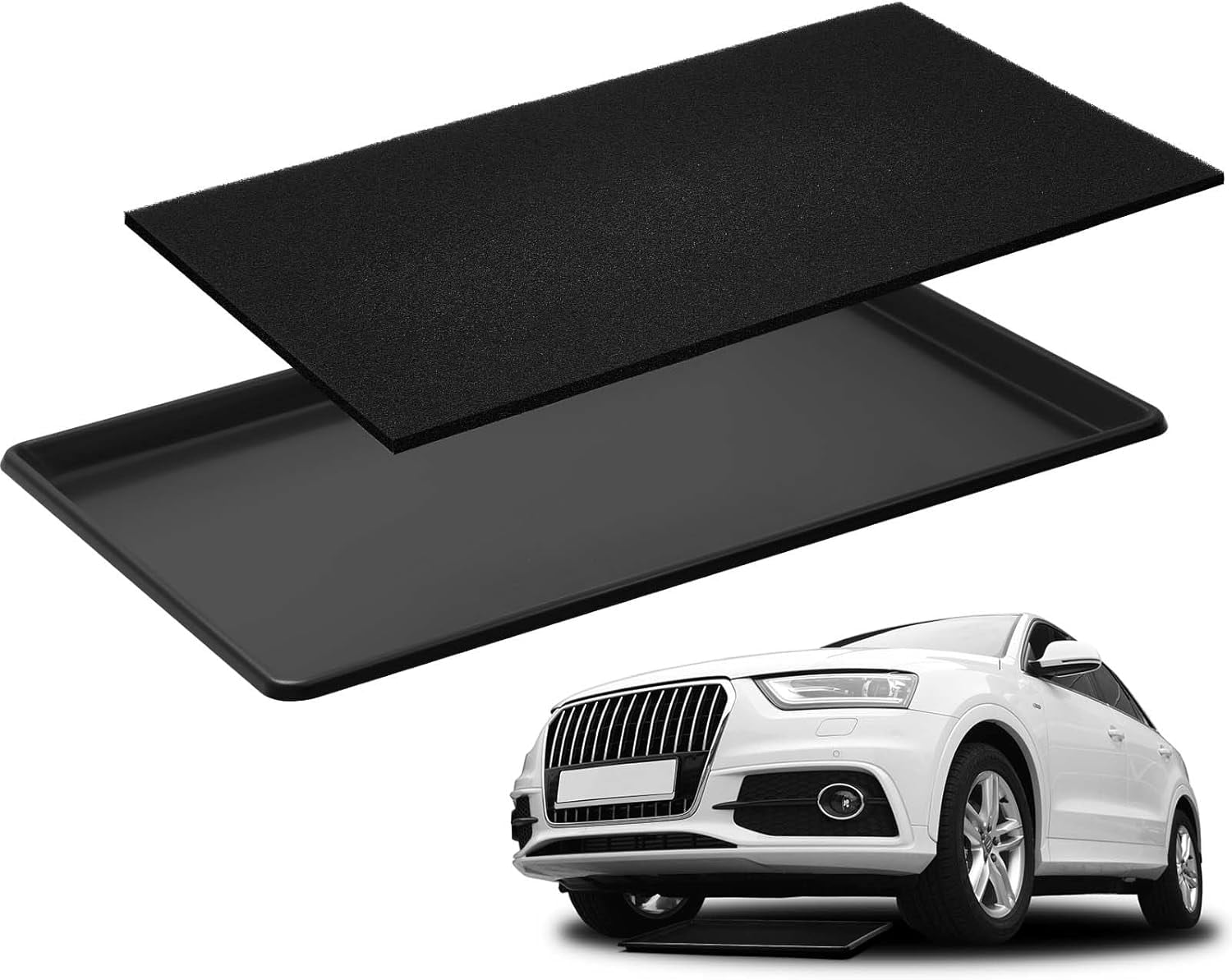 1 Set Oil Catch Pan with Anti-Splash Pad, 35 x 24 x 1.4 Inch Large Heavy Duty Oil Drain Pan for Under Car, Chemical & Heat Resistant Drip Tray for SUV Truck Garage Protection