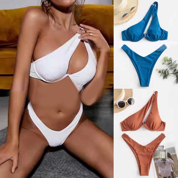 1 Set One Shoulder Swimsuit Soft Padded Two Pieces Sexy V Neck Solid Color Bikini for Travel