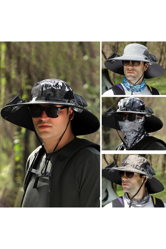 1 Set Outdoor Sun Hat with 2 Fan Large Brim Windproof Strap Solar or USB Charging Anti-UV Sun Protection Great Breathability Outdoor Fishing Camping Travel Cap