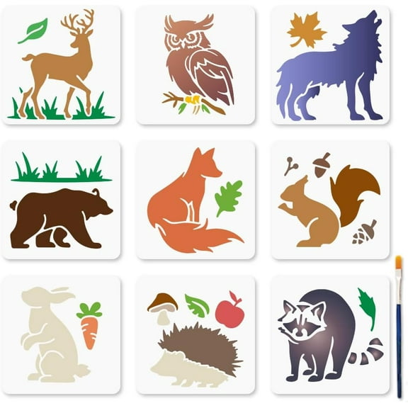 1 Set PET Hollow Out Drawing Painting Stencils for DIY Scrapbook Photo Album with 1Pc Art Paint Brushes Mixed Shapes 150x150mm 9 styles 1pc/style 9pcs