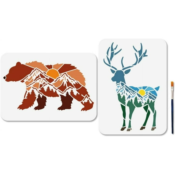 1 Set PET Hollow Out Drawing Painting Stencils for DIY Scrapbook Photo Album with 1Pc Art Paint Brushes Mixed Shapes 210~297x210~297mm 2 styles 1pc/style 2pcs